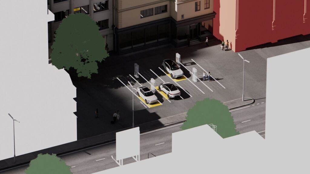 Illustration de voitures Polestar en recharge sur une station de recharge rapide en ville