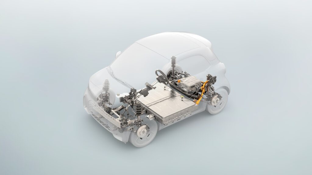 Vue transparente de la smart #2 montrant la batterie plate dans le plancher et la plateforme ECA (illustration smart)